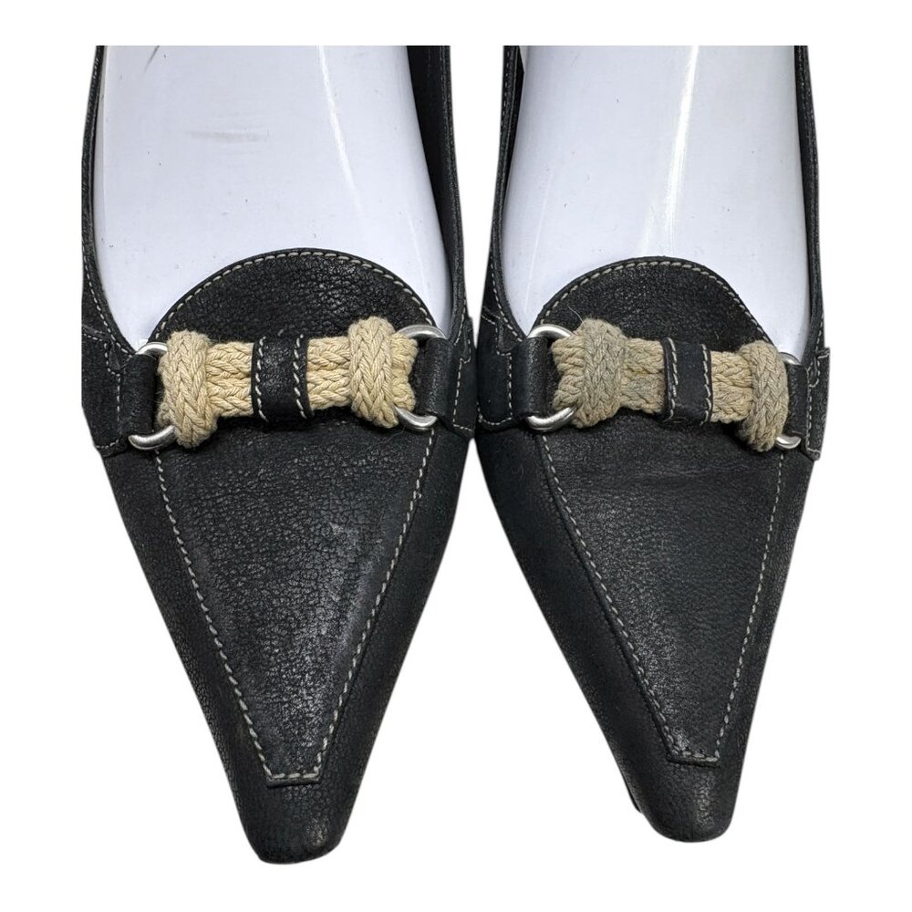 Prada Black Textured Leather Braided‎ Horse Bit Slingback Kitten Heels - Picture 7 of 11